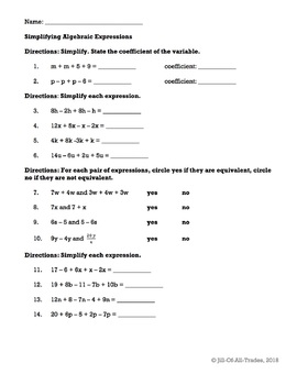 pix Simplifying 6Th Grade Algebraic Expressions Worksheets With Answers