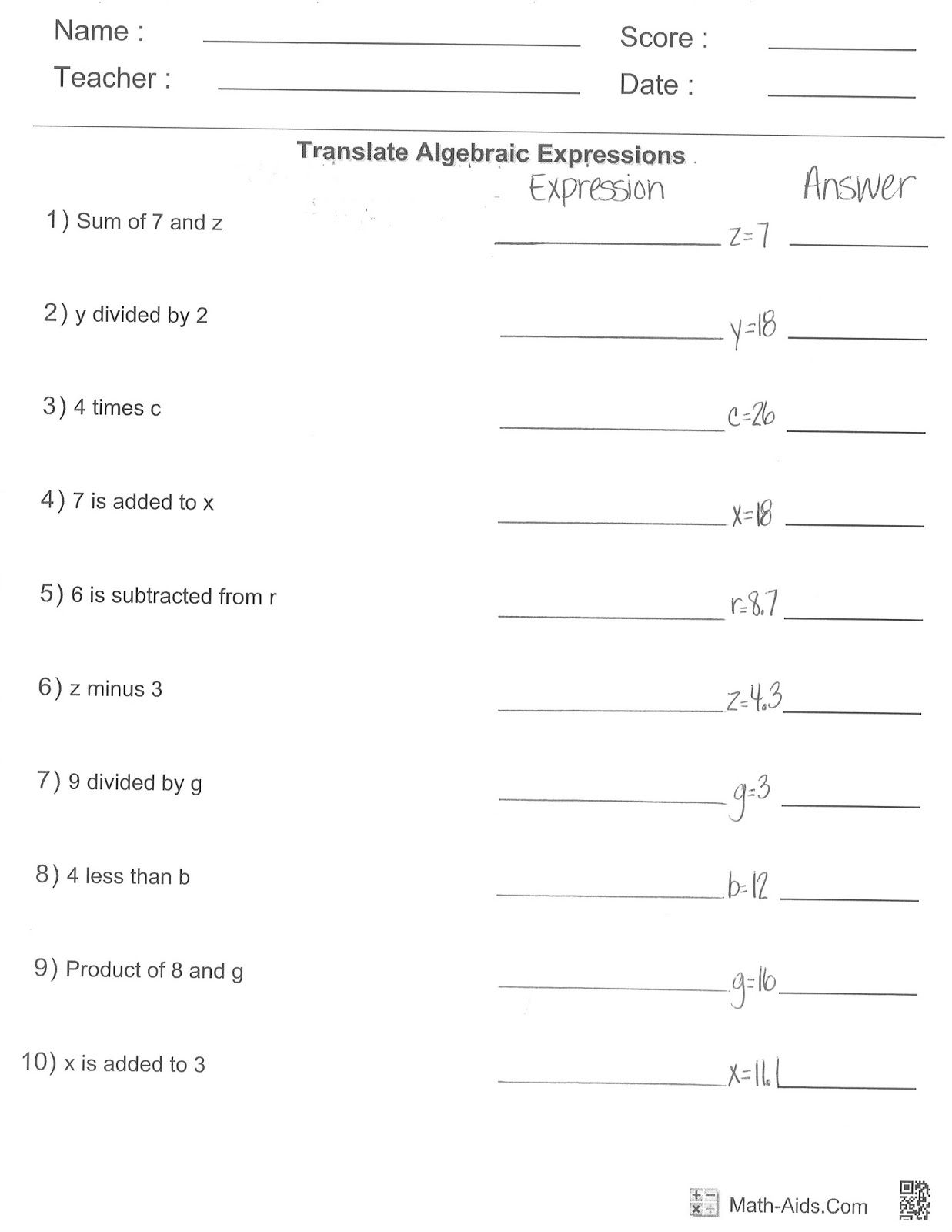 pics Sixth Grade 6Th Grade Algebraic Expressions Worksheets With Answers