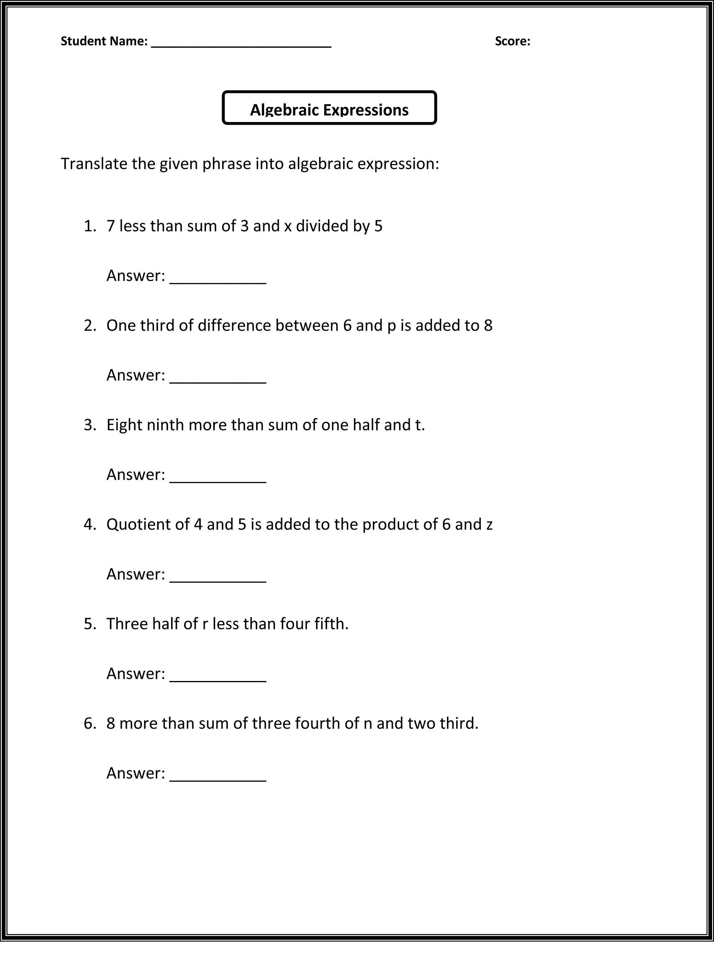 pics Sixth Grade 6Th Grade Algebraic Expressions Worksheets With Answers