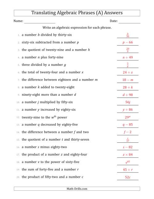 Featured image of post Translate 6Th Grade Algebraic Expressions Worksheets With Answers