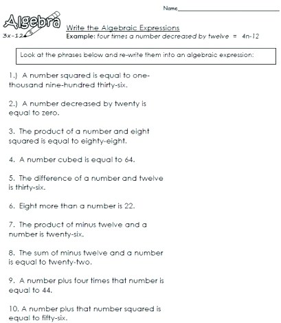 images Translate 6Th Grade Algebraic Expressions Worksheets With Answers