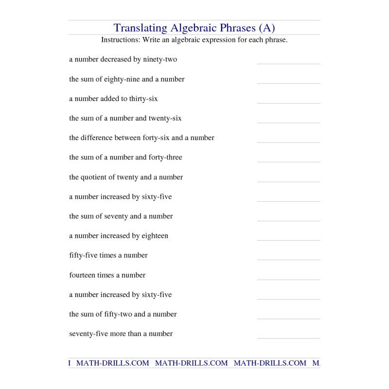 photo Translate 6Th Grade Algebraic Expressions Worksheets With Answers