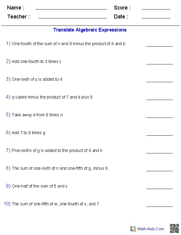 wallpapers Translate 6Th Grade Algebraic Expressions Worksheets With Answers