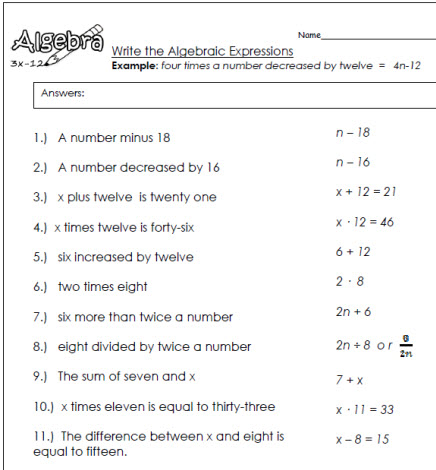 photo Writing 6Th Grade Algebraic Expressions Worksheets With Answers